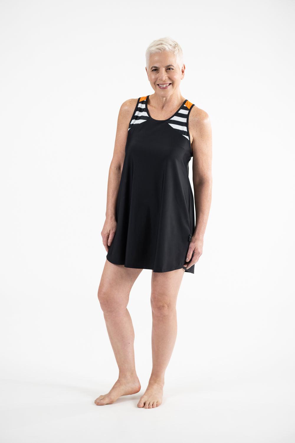 Racer Back Rashie Dress black and white with popsicle orange